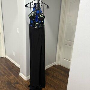 FAVIANA Black Floral Maxi Dress Gown Embroidered Flowers Evening Formal Size 8
